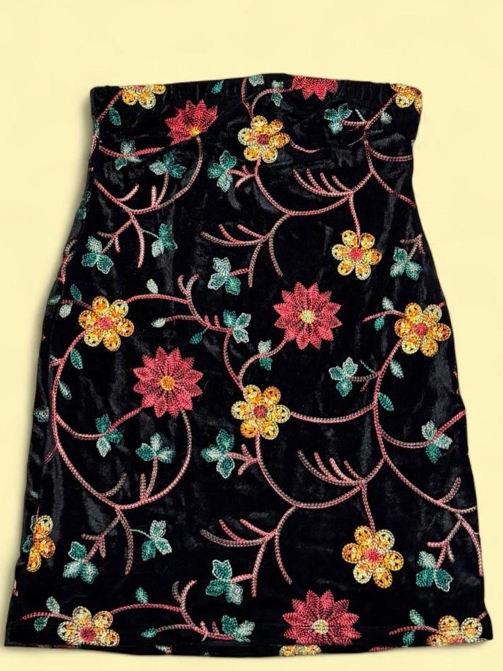 Floral Embroidered Velvet Strapless Mini Dress